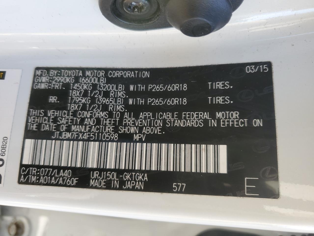 2015 Lexus GX VIN JTJBM7FX4F5110598 Copart auction photo, all over damage thumbnail 14