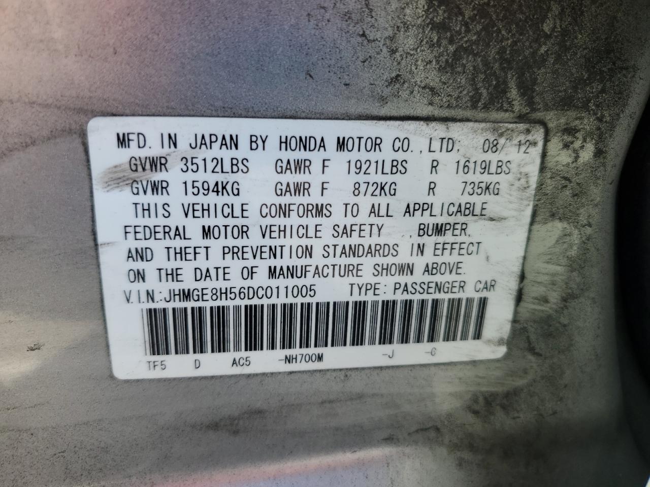 2013 Honda Fit VIN JHMGE8H56DC011005 Copart auction photo, mechanical / front end damage thumbnail 12