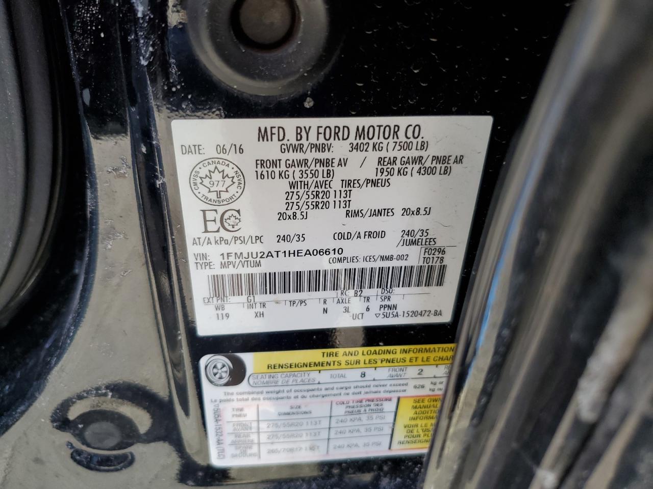 2017 Ford Expedition VIN 1FMJU2AT1HEA06610 Copart auction photo, front end damage thumbnail 15
