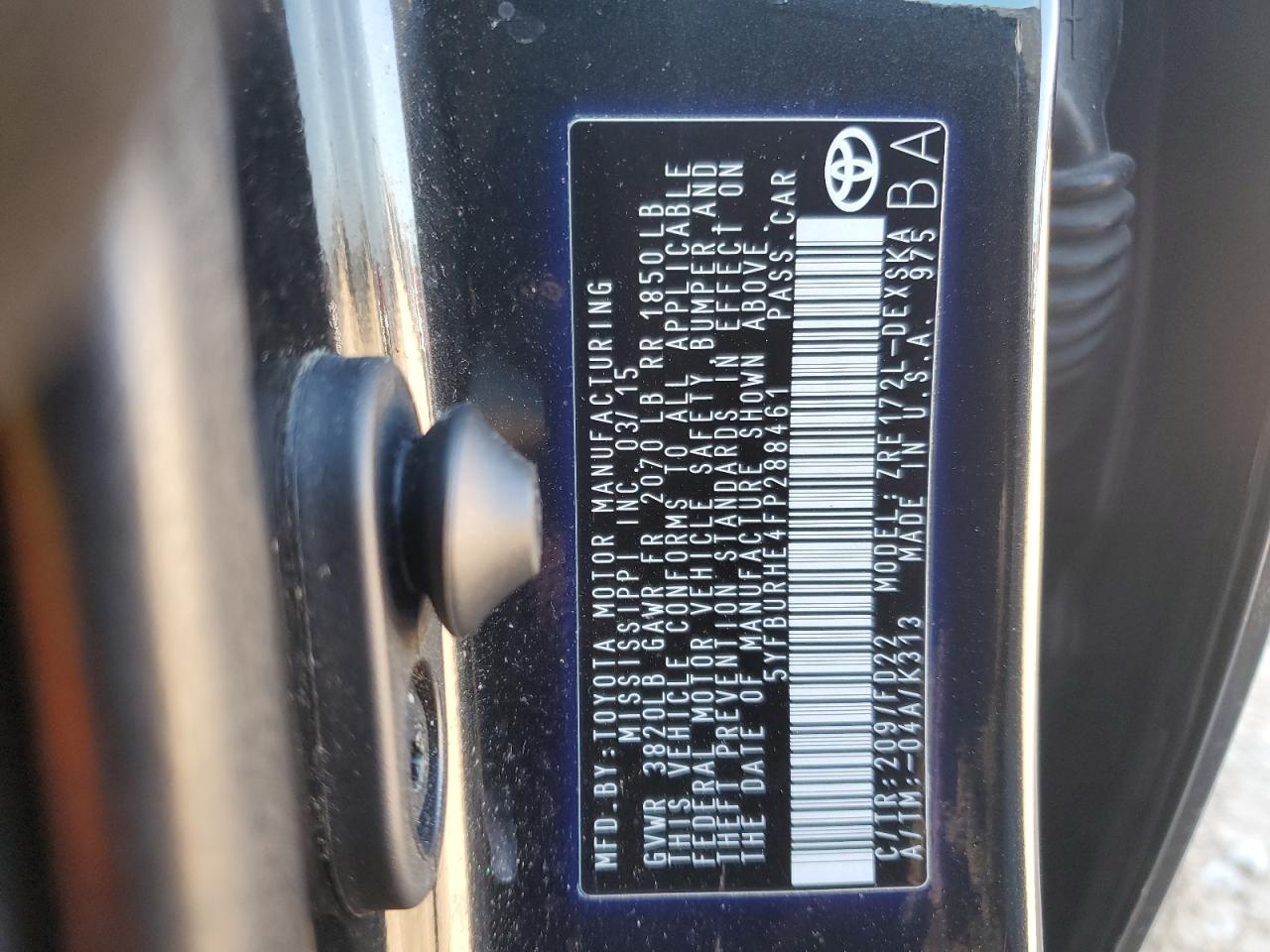2015 Toyota Corolla VIN 5YFBURHE4FP288461 Copart auction photo, rear end / front end damage thumbnail 13