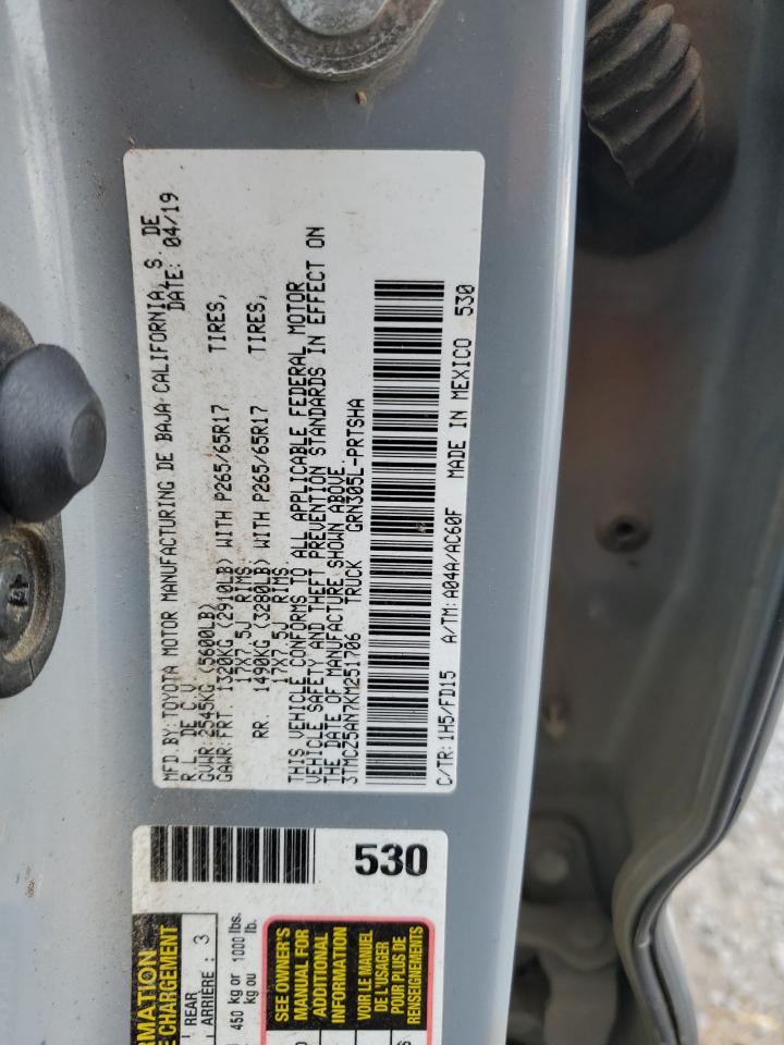 2019 Toyota Tacoma VIN 3TMCZ5AN7KM251706 Copart auction photo, rear end / front end damage thumbnail 12