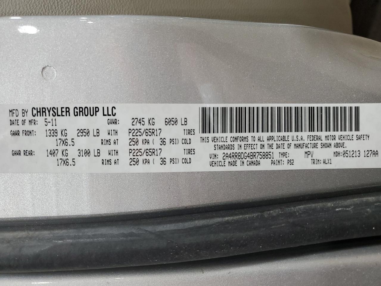 2011 Chrysler Town & Country VIN 2A4RR8DG4BR758851 Copart auction photo, front end / side damage thumbnail 13