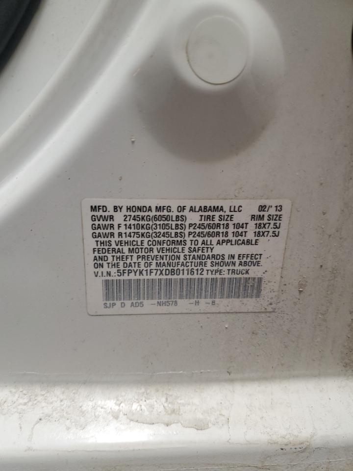 2013 Honda Ridgeline VIN 5FPYK1F7XDB011612 Copart auction photo, undercarriage damage thumbnail 12