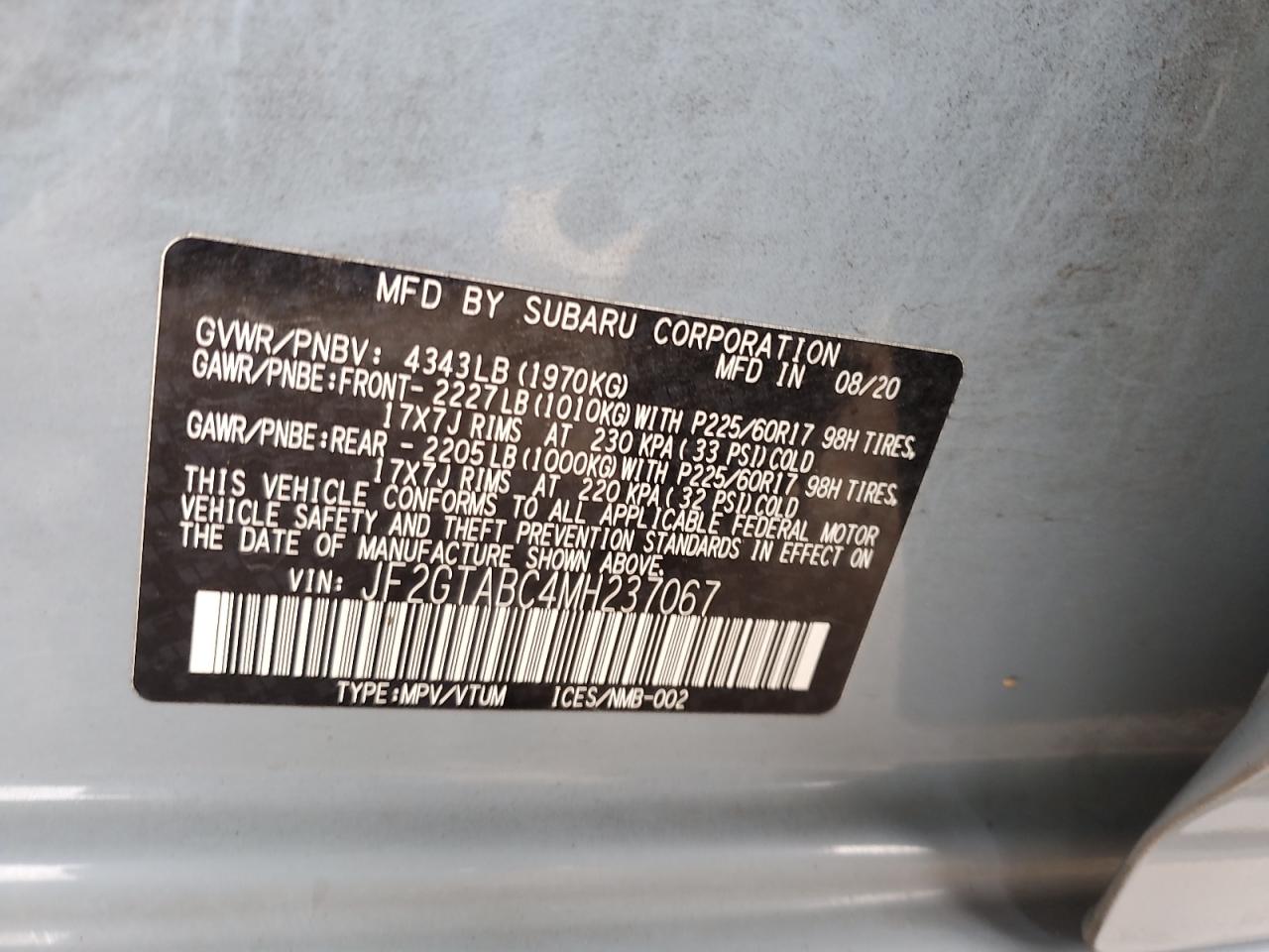 2021 Subaru XV VIN JF2GTABC4MH237067 Copart auction photo, rear end / undercarriage damage thumbnail 12