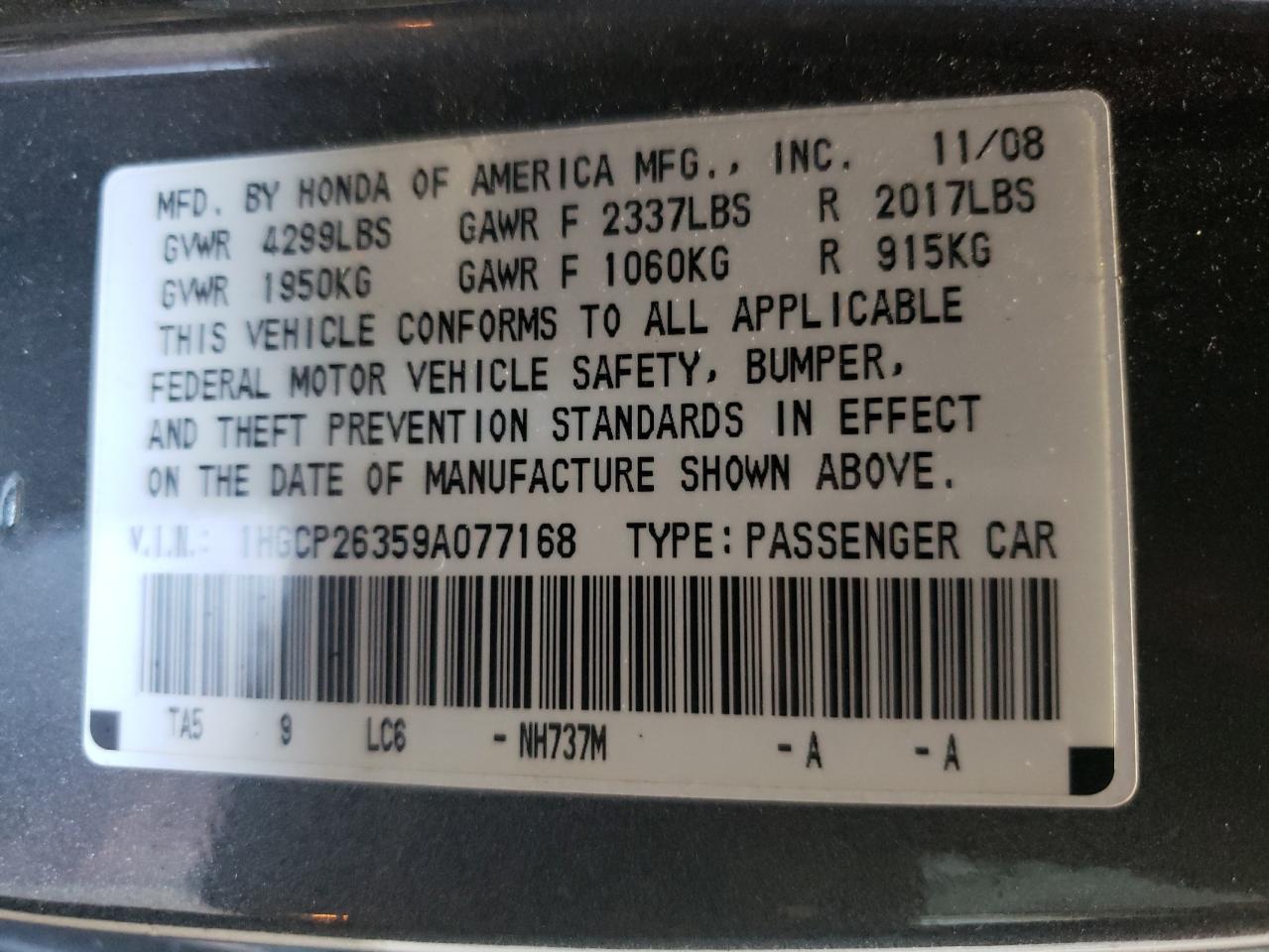 2009 Honda Accord VIN 1HGCP26359A077168 Copart auction photo, side damage thumbnail 12
