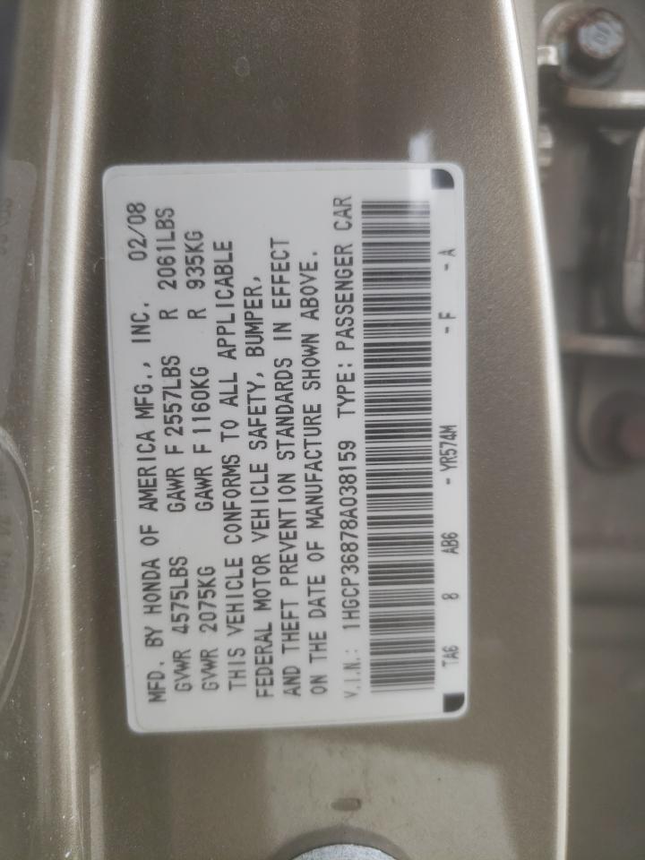 2008 Honda Accord VIN 1HGCP36878A038159 Copart auction photo, front end / minor dent/scratches damage thumbnail 12