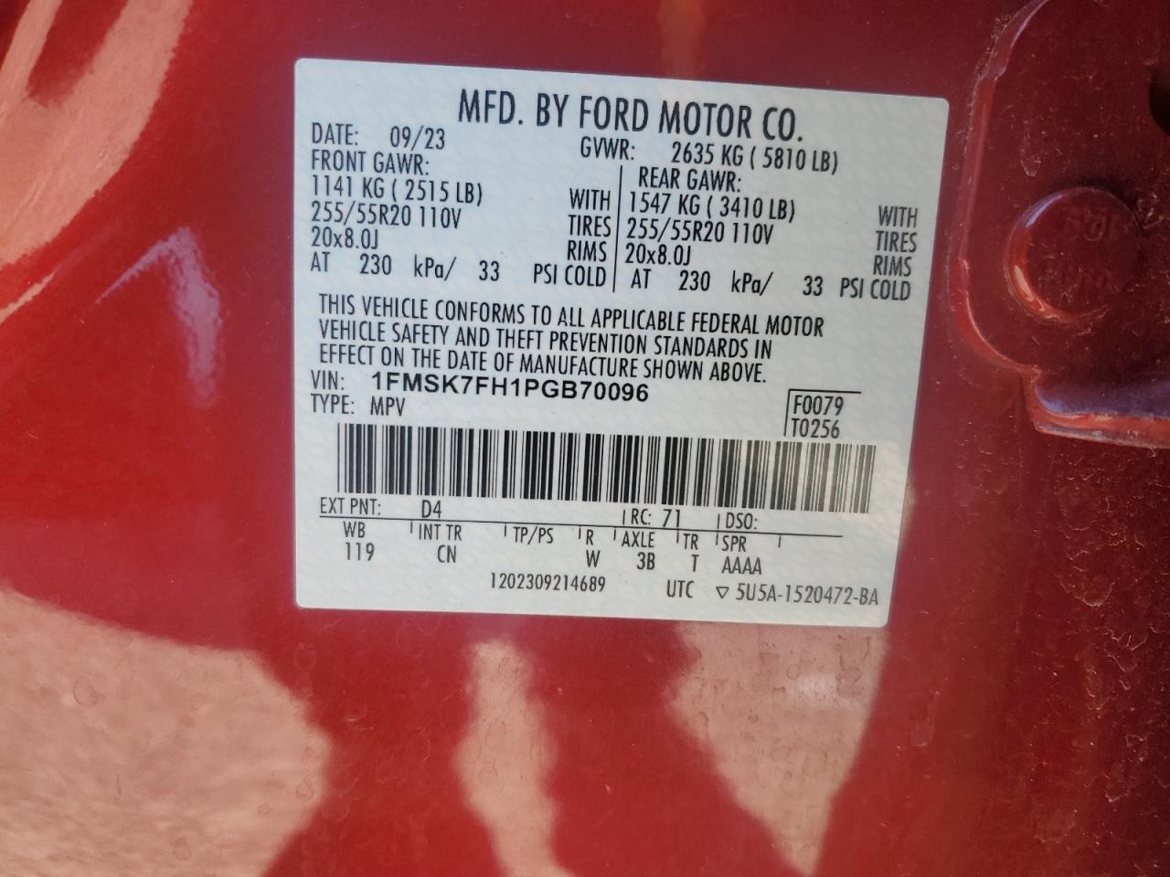 2023 Ford Explorer VIN 1FMSK7FH1PGB70096 Copart auction photo, front end damage thumbnail 14