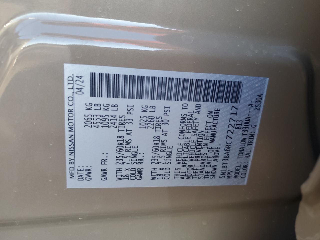 2024 Nissan Rogue VIN 5N1BT3BA6RC722717 Copart auction photo, front end / side damage thumbnail 14