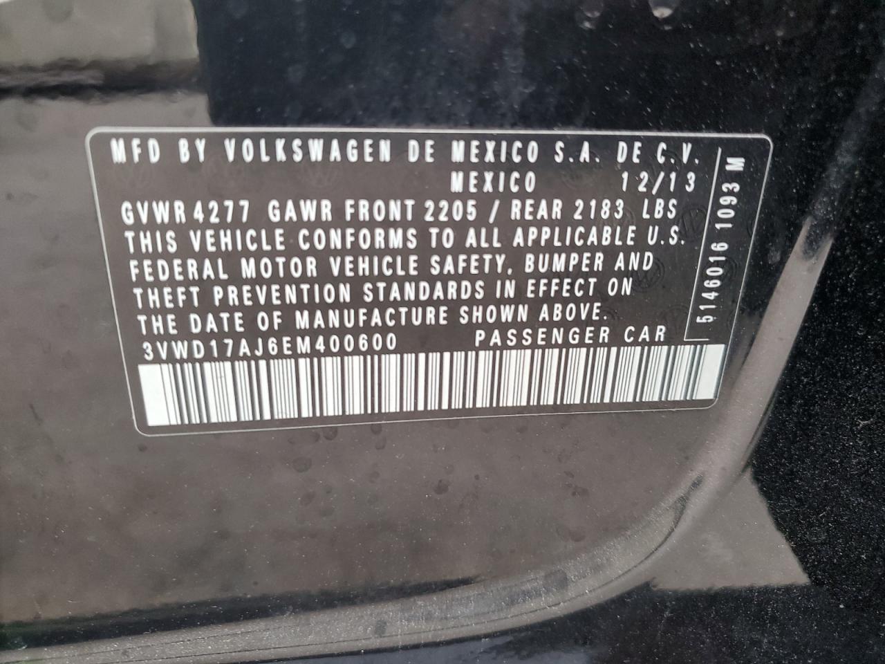 2014 Volkswagen Jetta VIN 3VWD17AJ6EM400600 Copart auction photo, minor dent/scratches damage thumbnail 10