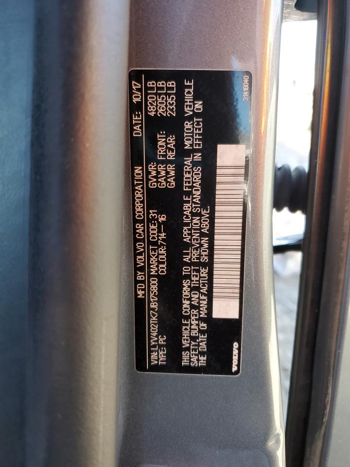 2018 Volvo S60 VIN LYV402TK7JB175800 Copart auction photo, top/roof damage thumbnail 12
