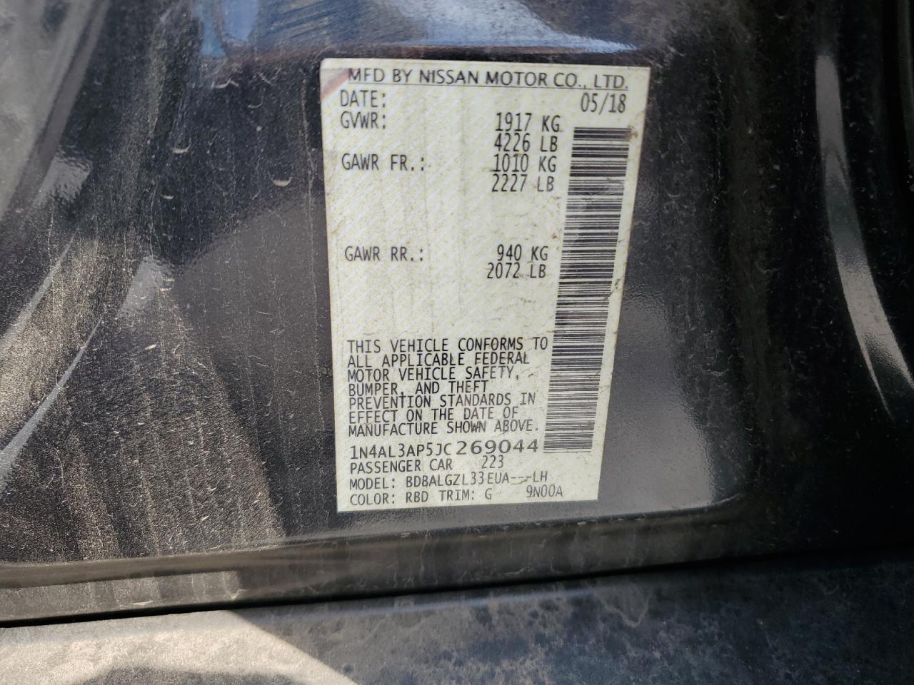 2018 Nissan Altima VIN 1N4AL3AP5JC269044 Copart auction photo, front end damage thumbnail 15