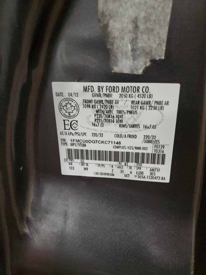 2012 Ford Escape VIN 1FMCU0DG7CKC71148 Copart auction photo, front end damage thumbnail 13