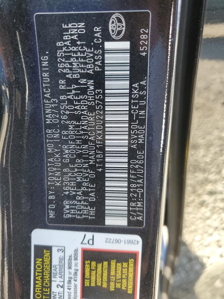 2013 Toyota Camry VIN 4T1BF1FKXDU225753 Copart auction photo, all over damage thumbnail 12