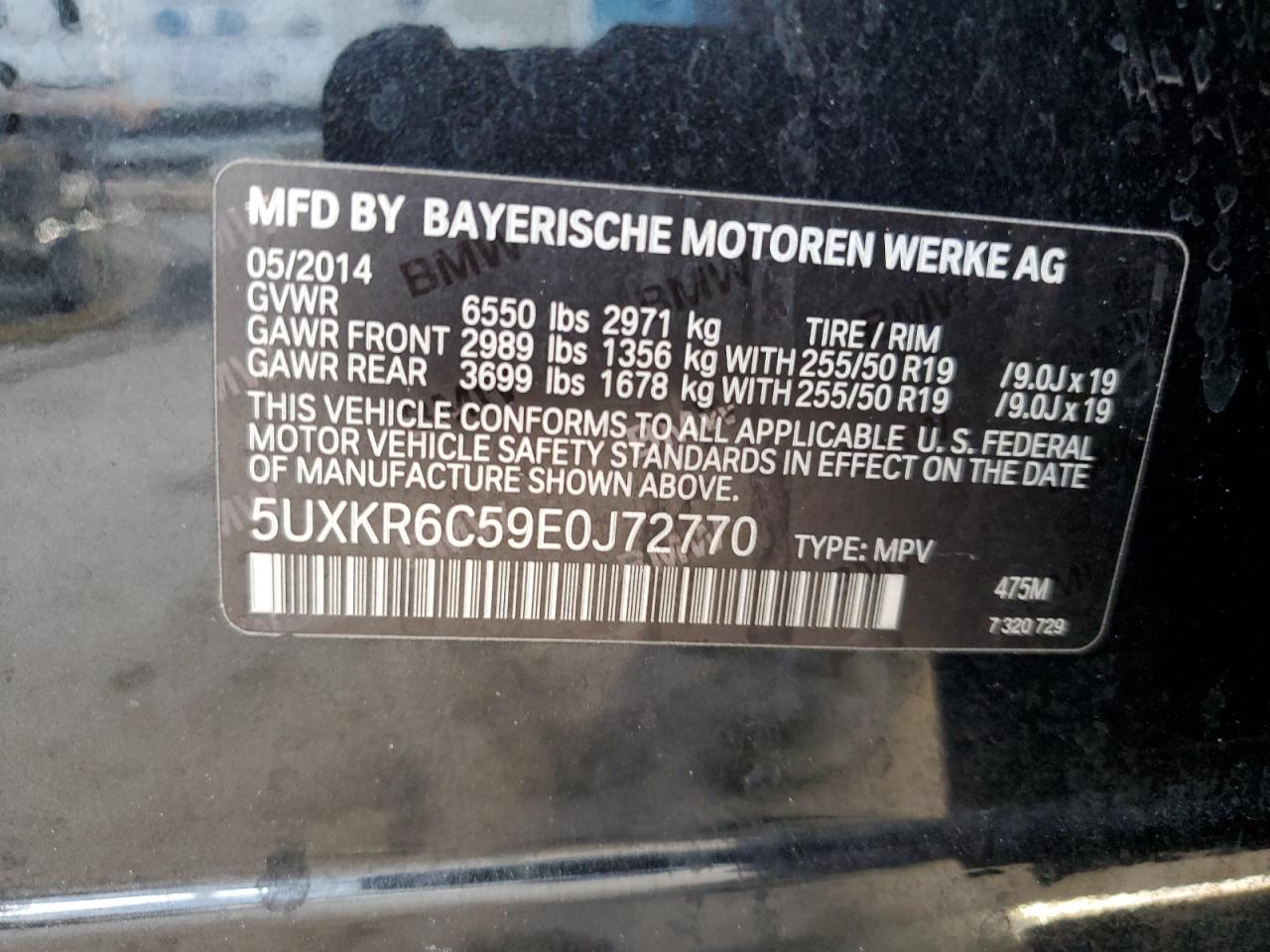 2014 BMW X5 VIN 5UXKR6C59E0J72770 Copart auction photo, front end / minor dent/scratches damage thumbnail 14