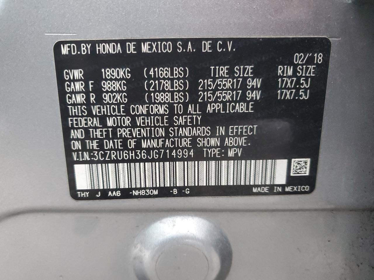2018 Honda HR-V VIN 3CZRU6H36JG714994 Copart auction photo, rear end damage thumbnail 15