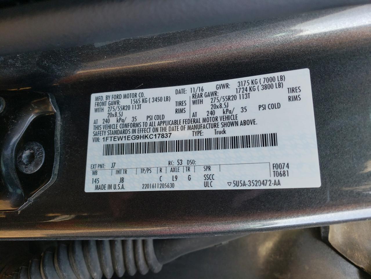 2017 Ford F-150 VIN 1FTEW1EG9HKC17837 Copart auction photo, rear end damage thumbnail 12