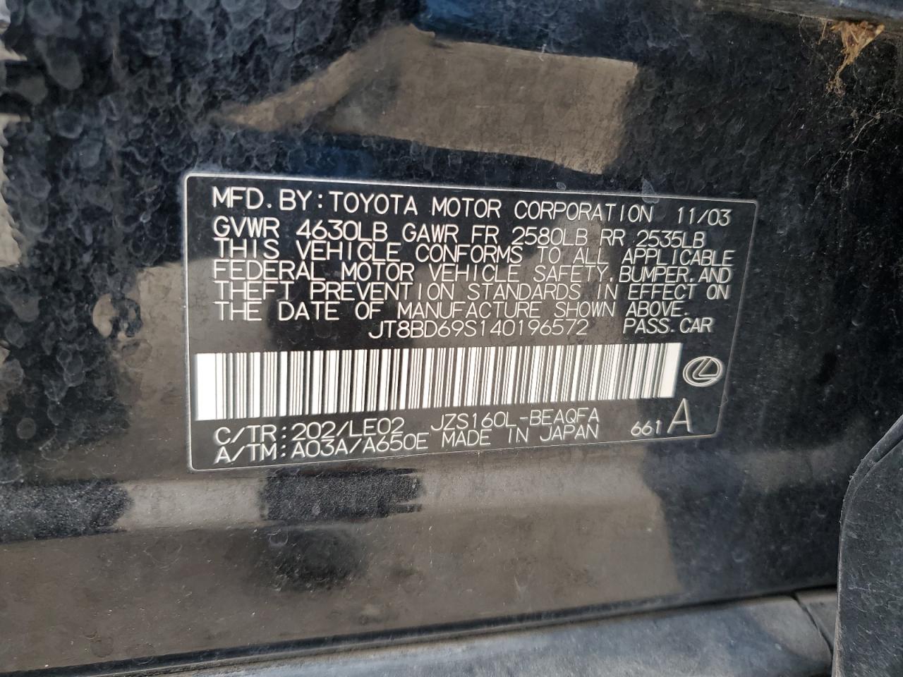 2004 Lexus GS 300 VIN JT8BD69S140196572 Copart auction photo, rear end / side damage thumbnail 13
