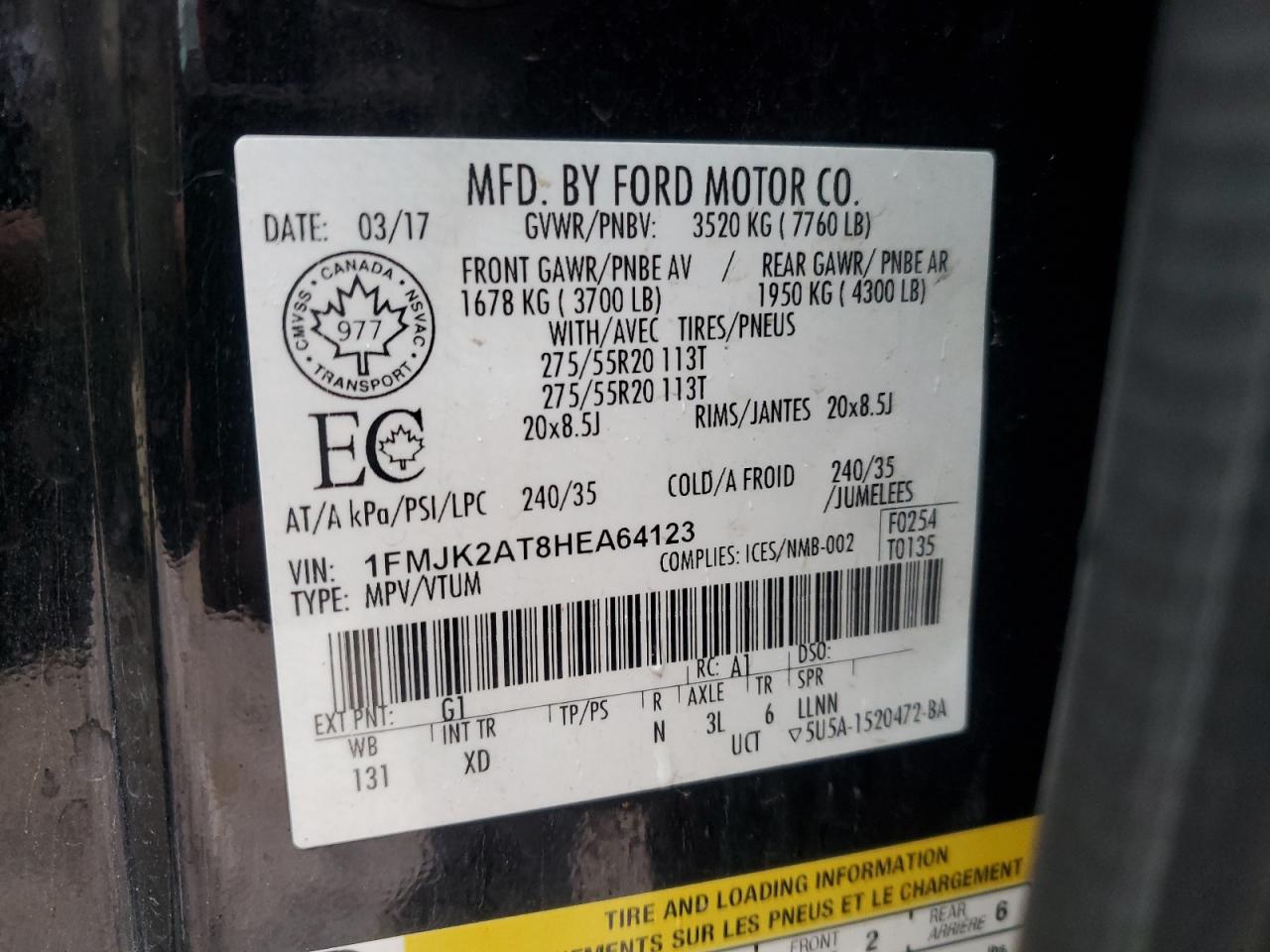 2017 Ford Expedition VIN 1FMJK2AT8HEA64123 Copart auction photo, front end / minor dent/scratches damage thumbnail 15