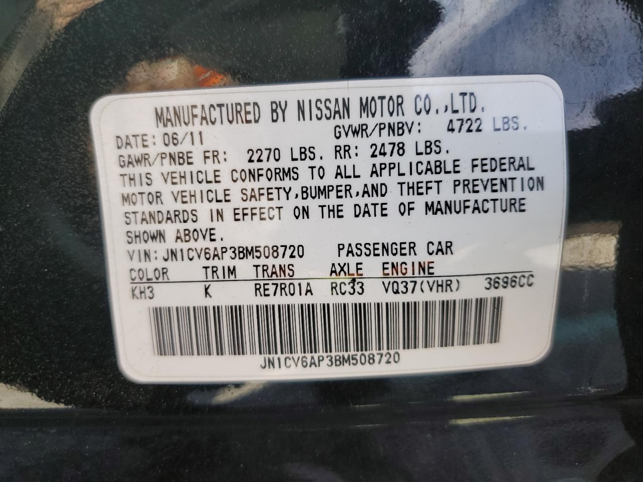 2011 Infiniti G VIN JN1CV6AP3BM508720 Copart auction photo, side damage thumbnail 12