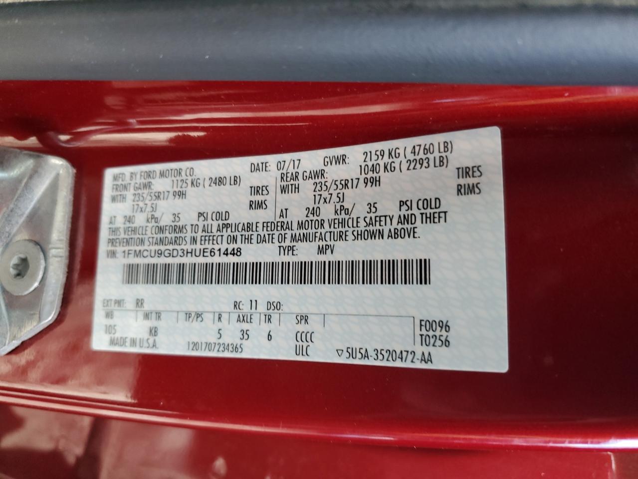 2017 Ford Escape VIN 1FMCU9GD3HUE61448 Copart auction photo, front end / undercarriage damage thumbnail 13