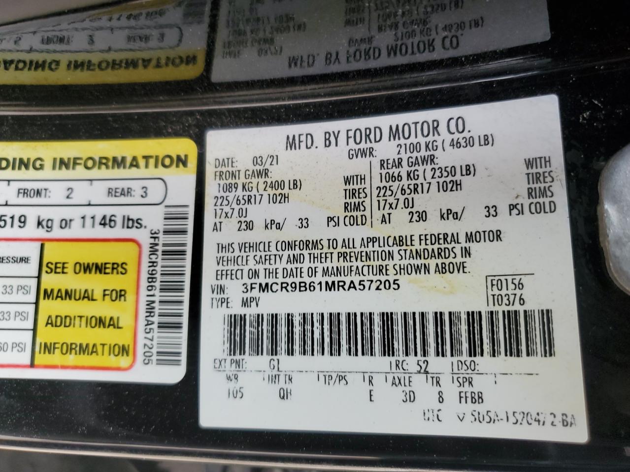2021 Ford Bronco VIN 3FMCR9B61MRA57205 Copart auction photo, rear end damage thumbnail 15