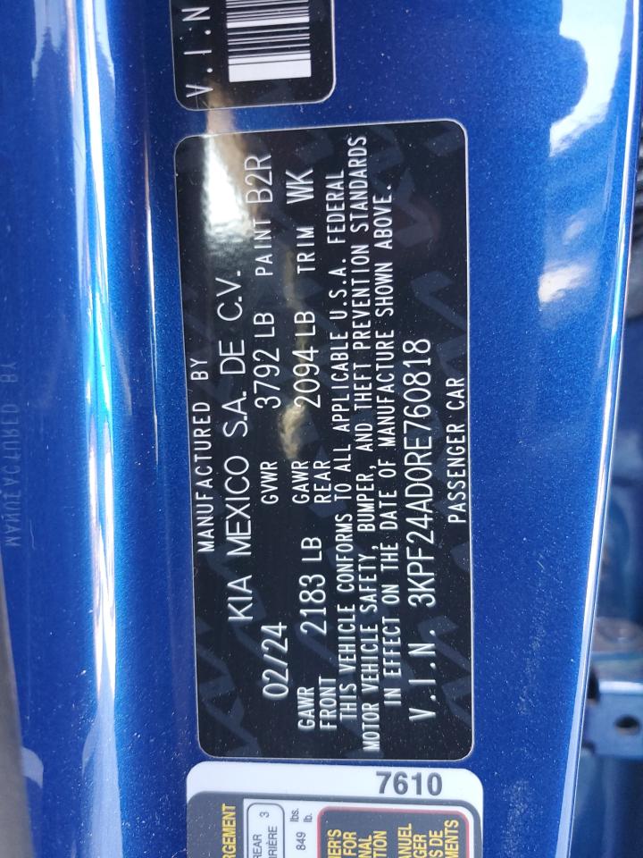 2024 KIA Forte VIN 3KPF24AD0RE760818 Copart auction photo, front end damage thumbnail 12