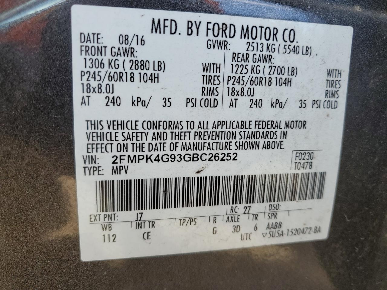 2016 Ford Edge VIN 2FMPK4G93GBC26252 Copart auction photo, rear end damage thumbnail 13