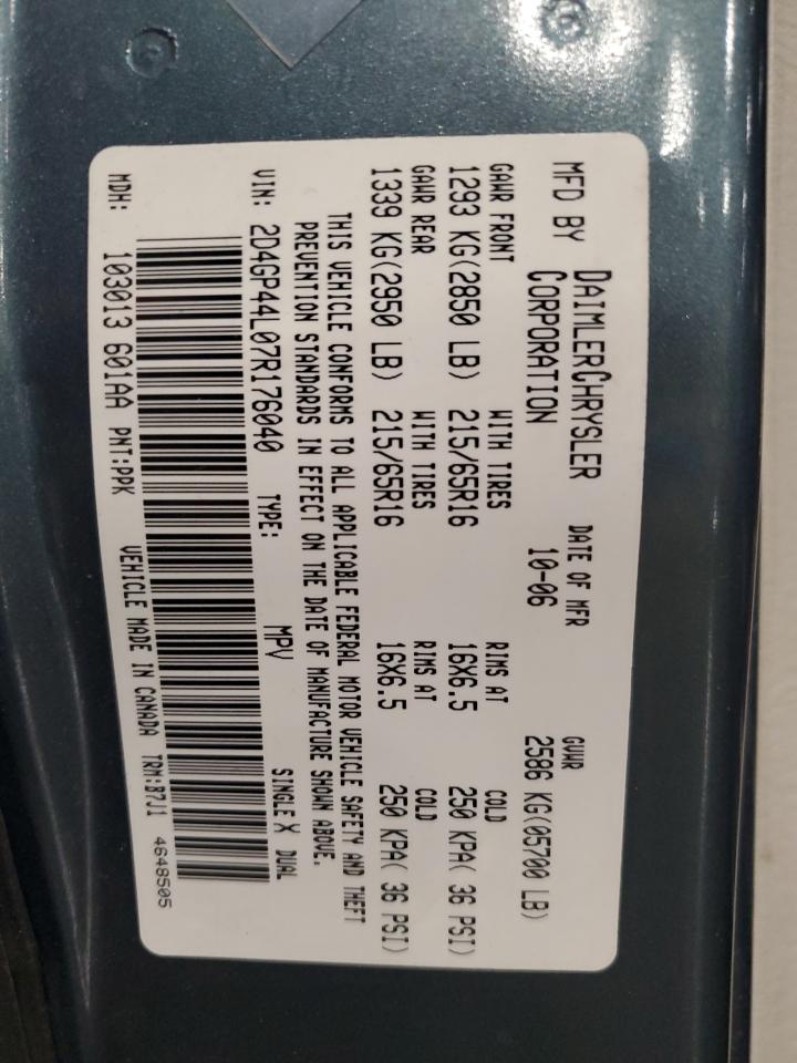 2007 Dodge Caravan VIN 2D4GP44L07R176040 Copart auction photo, side / rear end damage thumbnail 14