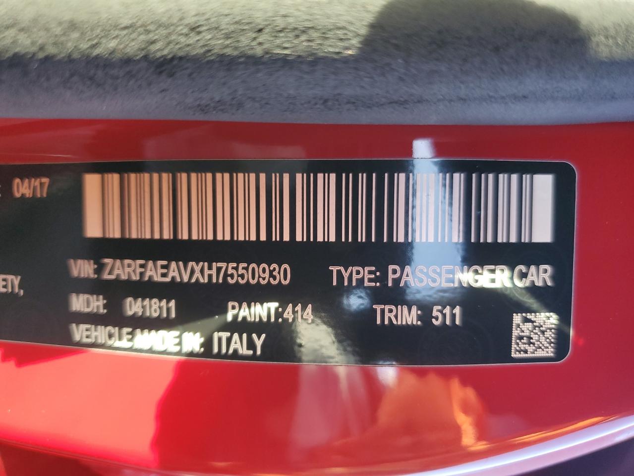 2017 Alfa Romeo Giulia VIN ZARFAEAVXH7550930 Copart auction photo, undercarriage / minor dent/scratches damage thumbnail 13