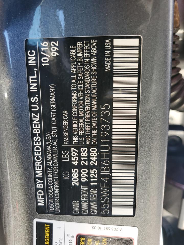 2017 Mercedes-Benz C-klasse VIN 55SWF4JB6HU193735 Copart auction photo, normal wear damage thumbnail 12