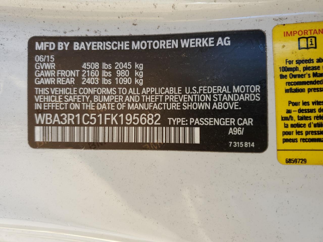 2015 BMW 4er VIN WBA3R1C51FK195682 Copart auction photo, front end / side damage thumbnail 12