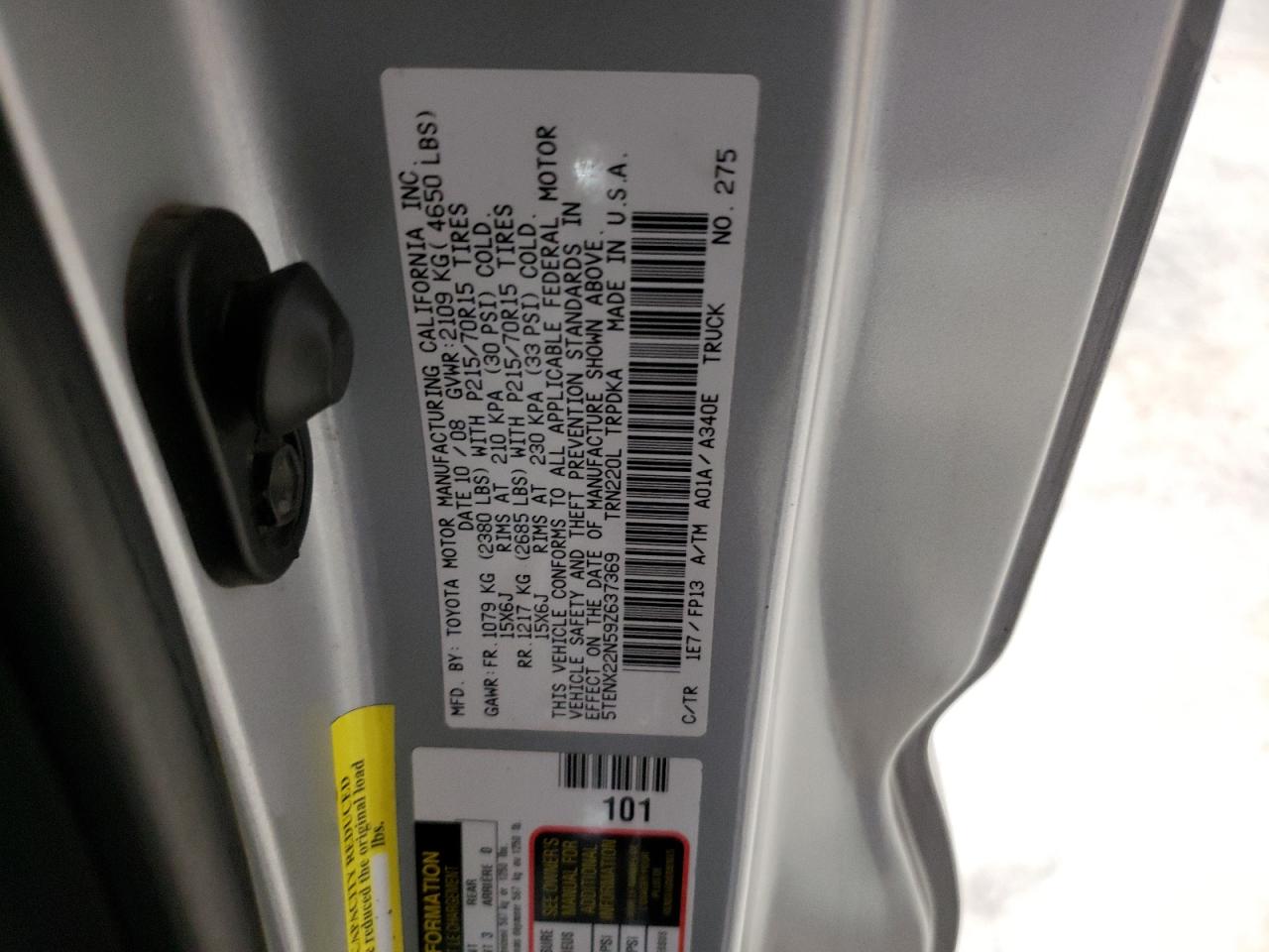 2009 Toyota Tacoma VIN 5TENX22N59Z637369 Copart auction photo, front end damage thumbnail 12