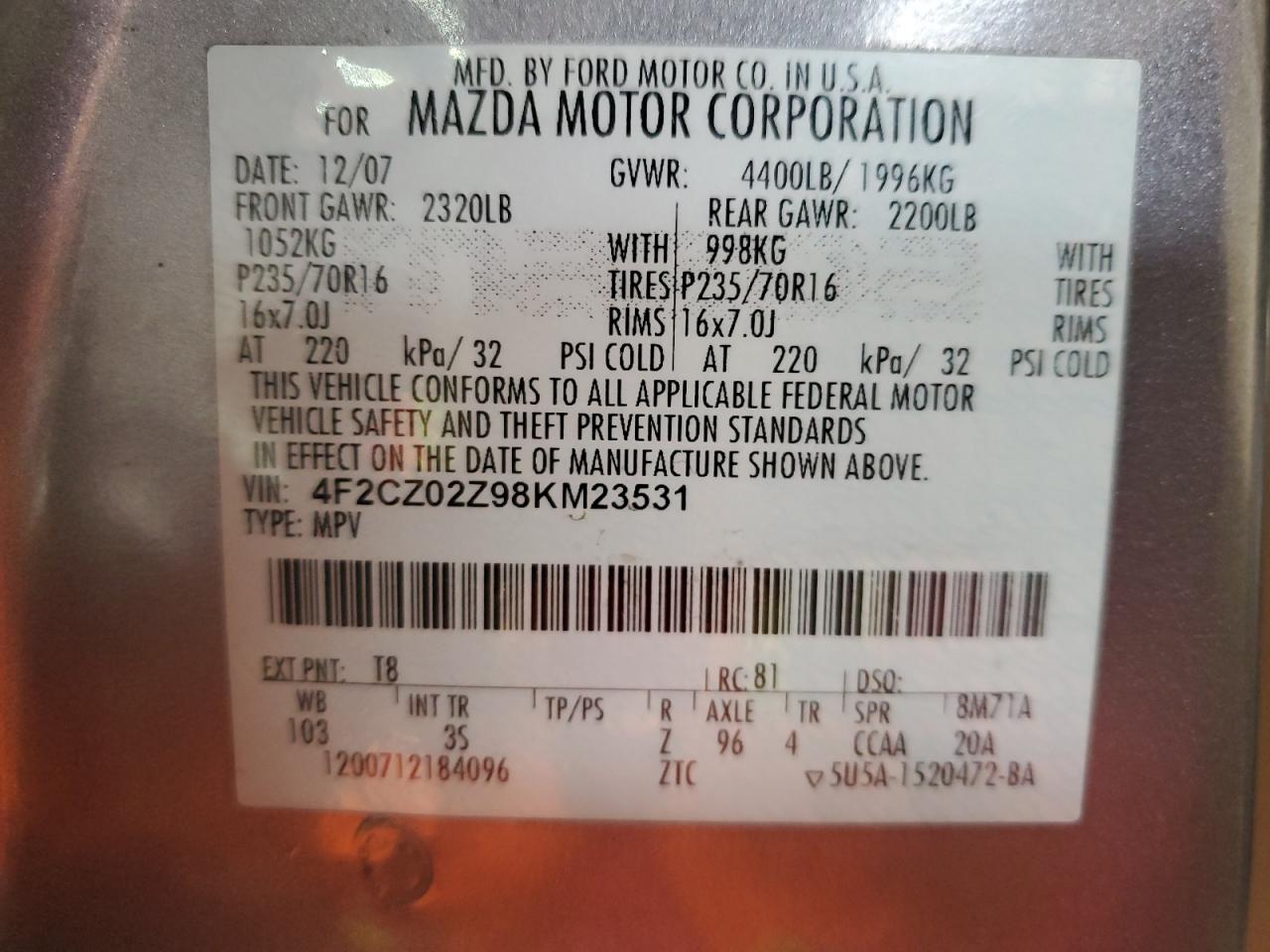 2008 Mazda Tribute VIN 4F2CZ02Z98KM23531 Copart auction photo, front end damage thumbnail 12