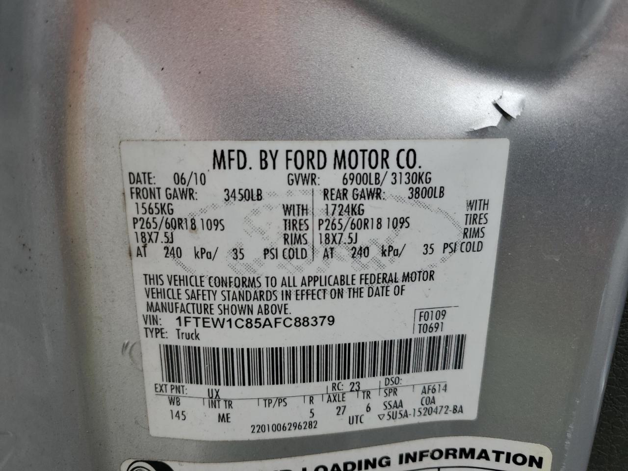 2010 Ford F-150 VIN 1FTEW1C85AFC88379 Copart auction photo, front end / side damage thumbnail 14