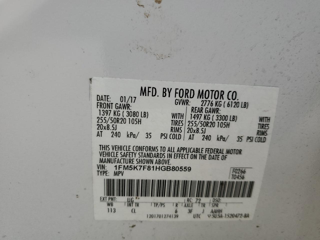 2017 Ford Explorer VIN 1FM5K7F81HGB80559 Copart auction photo, top/roof damage thumbnail 13