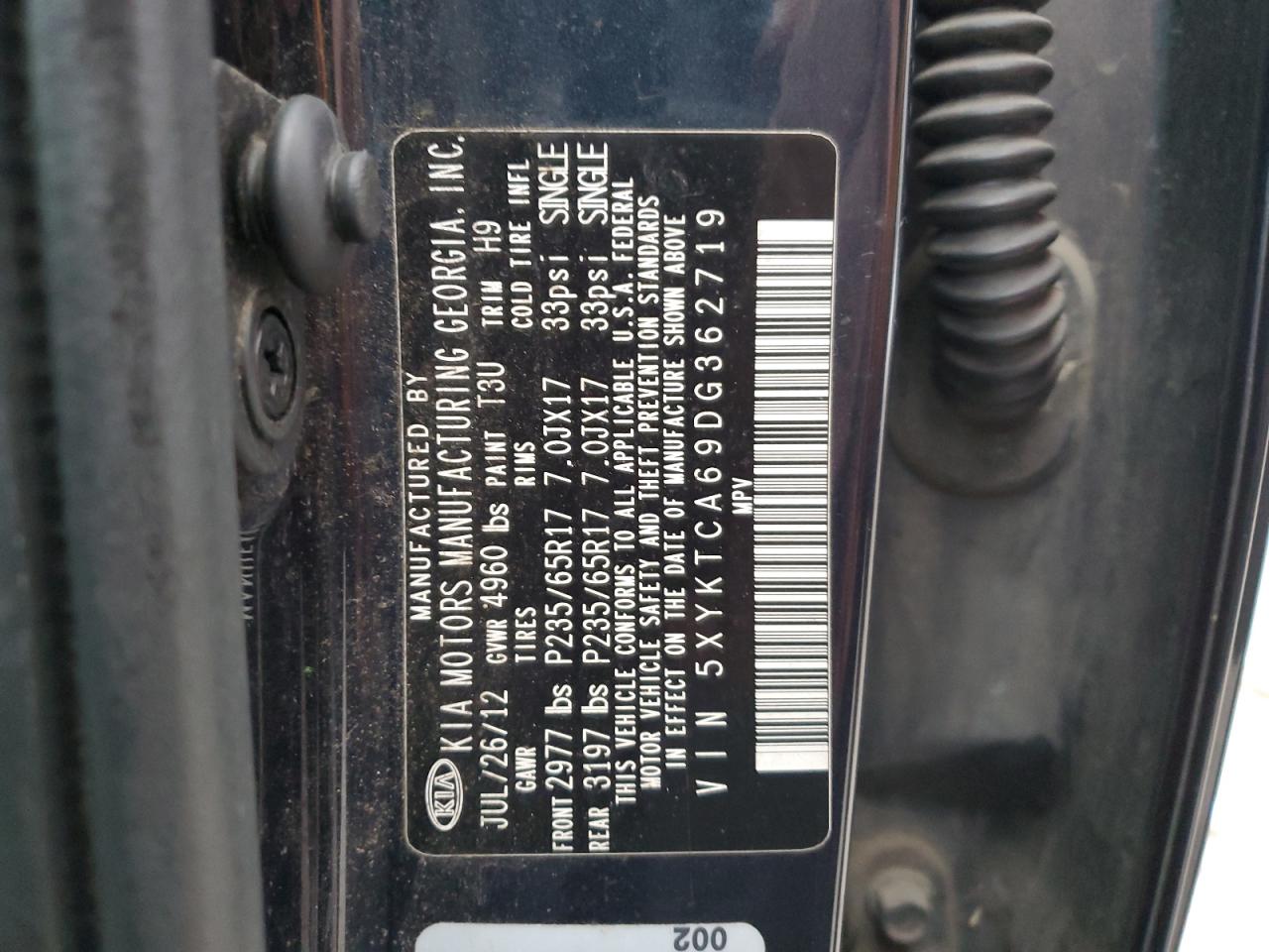 2013 KIA Sorento VIN 5XYKTCA69DG362719 Copart auction photo, rear end / front end damage thumbnail 13