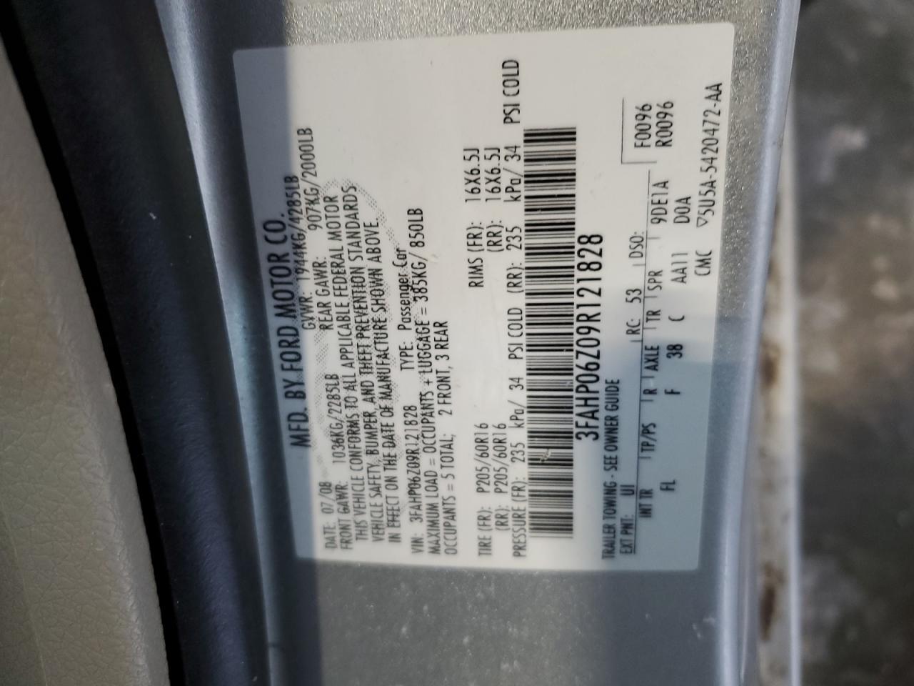 2009 Ford Fusion VIN 3FAHP06Z09R121828 Copart auction photo, front end damage thumbnail 12