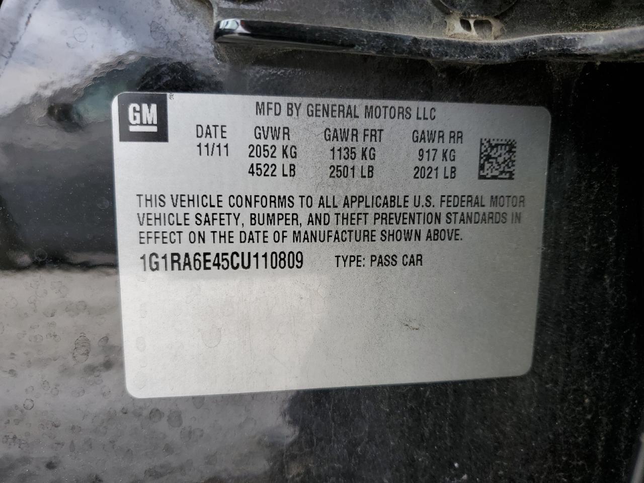 2012 Chevrolet Volt VIN 1G1RA6E45CU110809 Copart auction photo, front end damage thumbnail 12