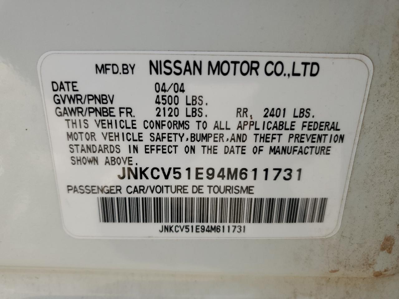 2004 Infiniti G VIN JNKCV51E94M611731 Copart auction photo, rear end damage thumbnail 12