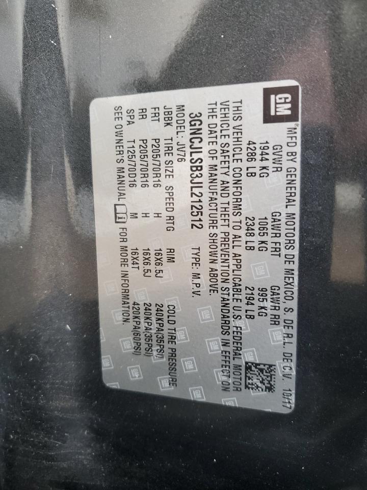 2018 Chevrolet Trax VIN 3GNCJLSB3JL212512 Copart auction photo, rear end damage thumbnail 13