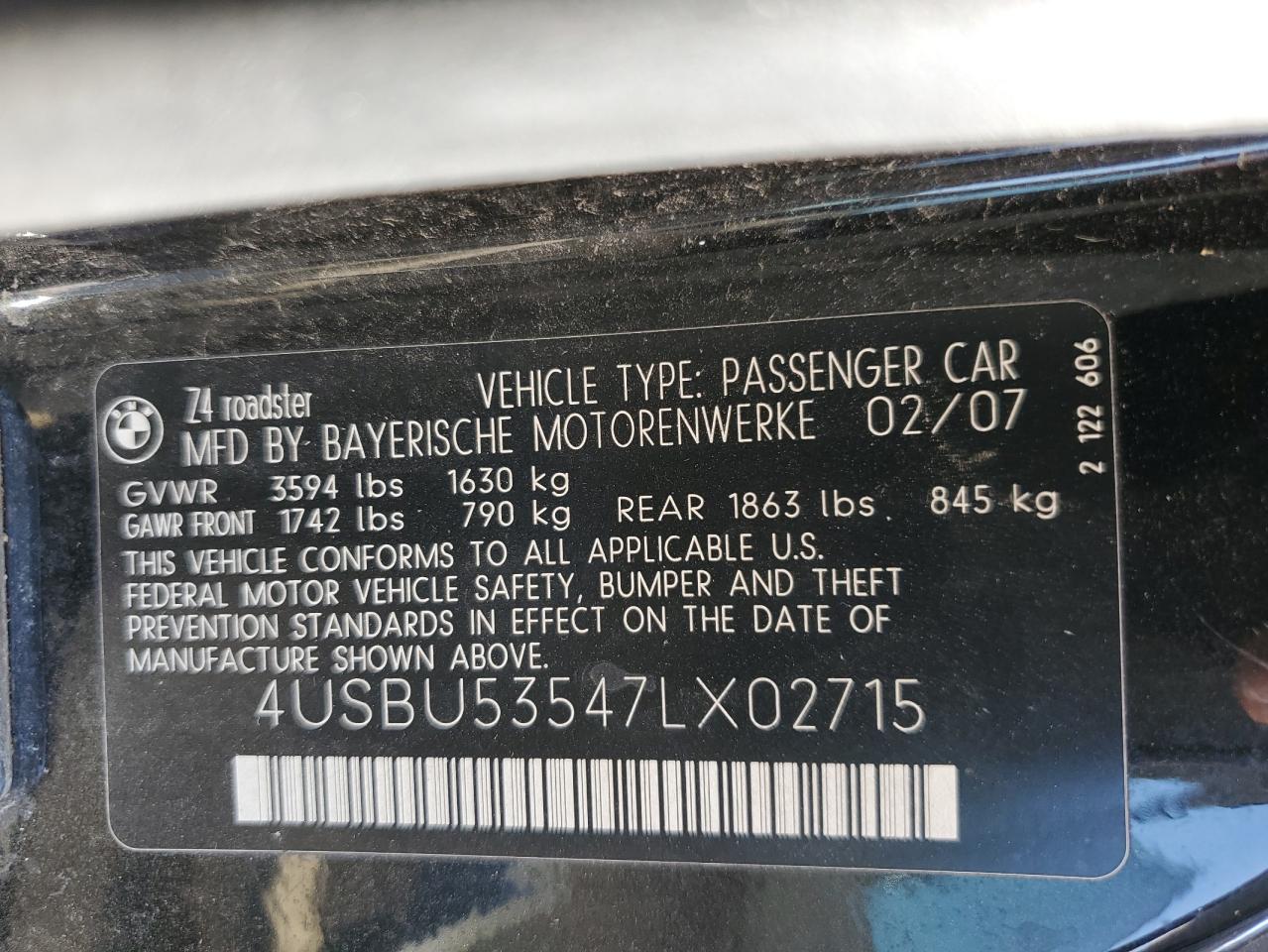2007 BMW Z4 VIN 4USBU53547LX02715 Copart auction photo, all over damage thumbnail 13