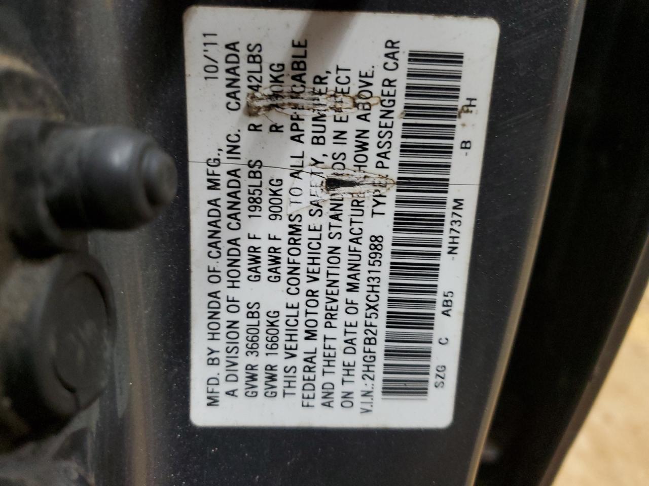 2012 Honda Civic VIN 2HGFB2F5XCH315988 Copart auction photo, rear end damage thumbnail 15