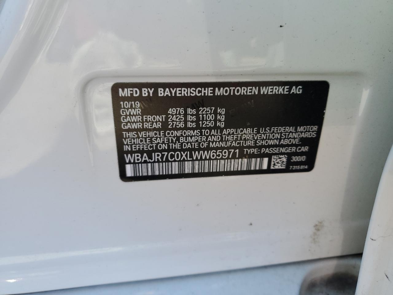 2020 BMW 5er VIN WBAJR7C0XLWW65971 Copart auction photo, front end / undercarriage damage thumbnail 12