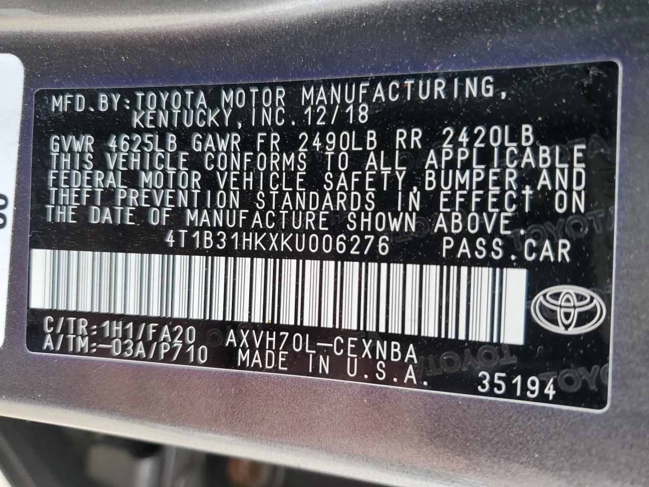 2019 Toyota Camry VIN 4T1B31HKXKU006276 Copart auction photo, all over damage thumbnail 13