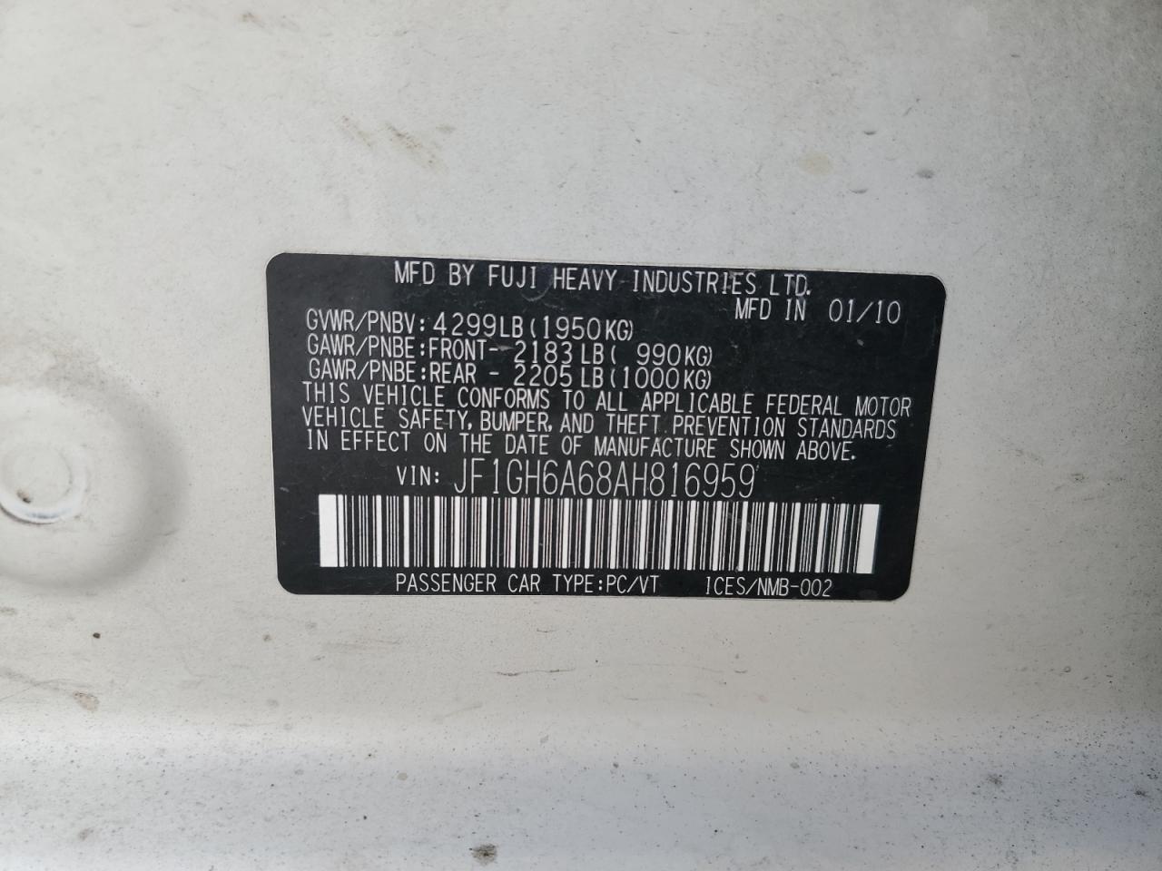 2010 Subaru Impreza VIN JF1GH6A68AH816959 Copart auction photo, front end / minor dent/scratches damage thumbnail 12