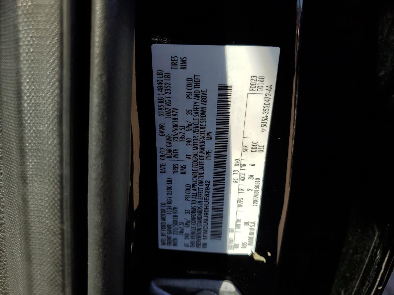 2017 Ford Escape VIN 1FMCU9J90HUE82942 Copart auction photo, front end damage thumbnail 13