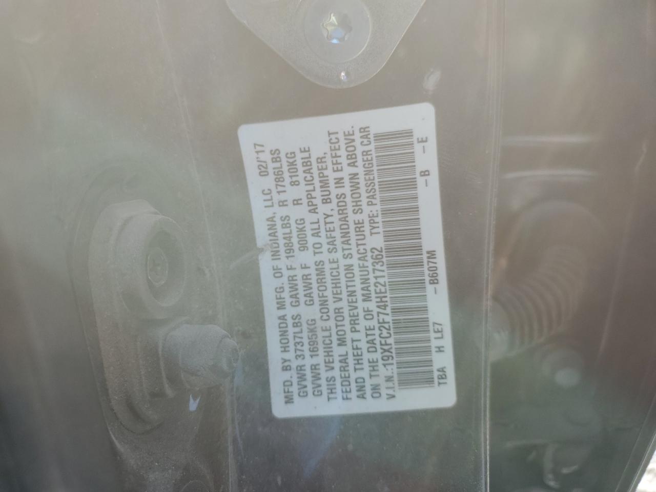 2017 Honda Civic VIN 19XFC2F74HE217362 Copart auction photo, side / front end damage thumbnail 14
