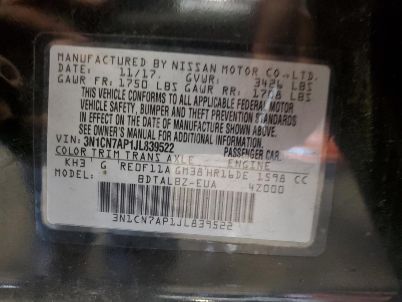 2018 Nissan Versa VIN 3N1CN7AP1JL839522 Copart auction photo, front end damage thumbnail 12