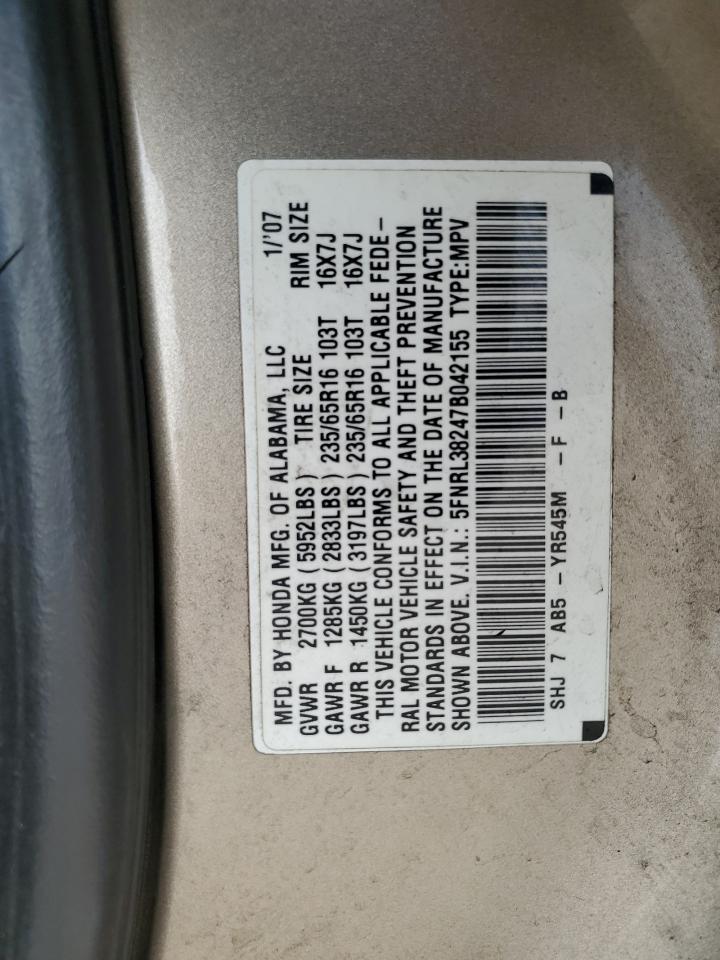 2007 Honda Odyssey VIN 5FNRL38247B042155 Copart auction photo, rear end damage thumbnail 13