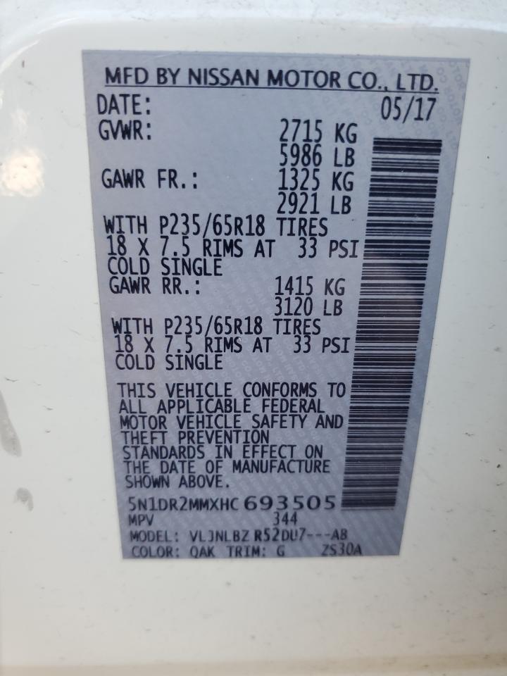2017 Nissan Pathfinder VIN 5N1DR2MMXHC693505 Copart auction photo, front end / minor dent/scratches damage thumbnail 14